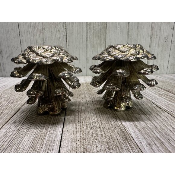 Vtg Set of 2 Silver Plated Pine Cone Candlestick Holders 2.5" Tall Holiday Decor - Picture 4 of 7